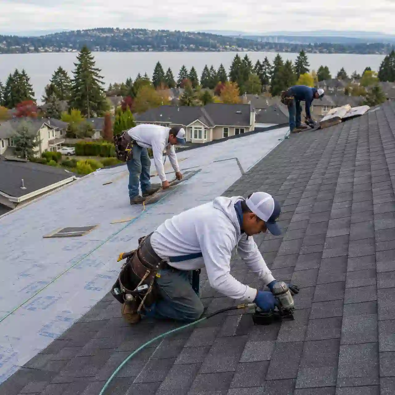 Renton Roofing crew installing architectural shingles overlooking the lake