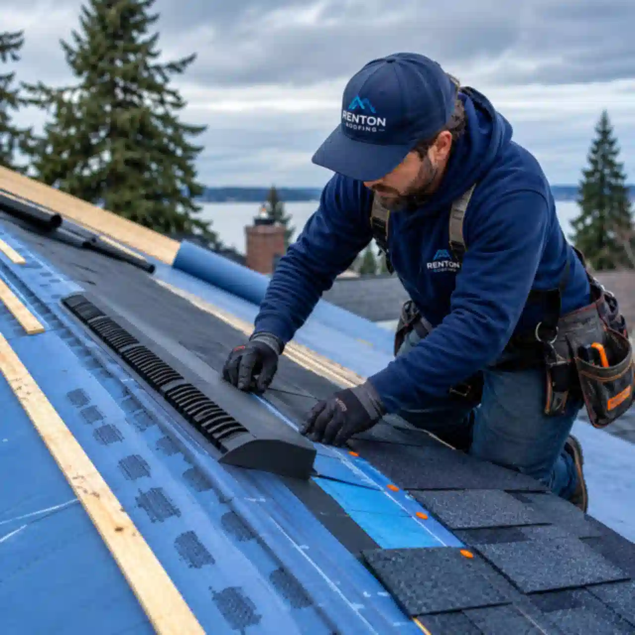 Renton Roofing crew installing ridge venting on a shingle roof replacement