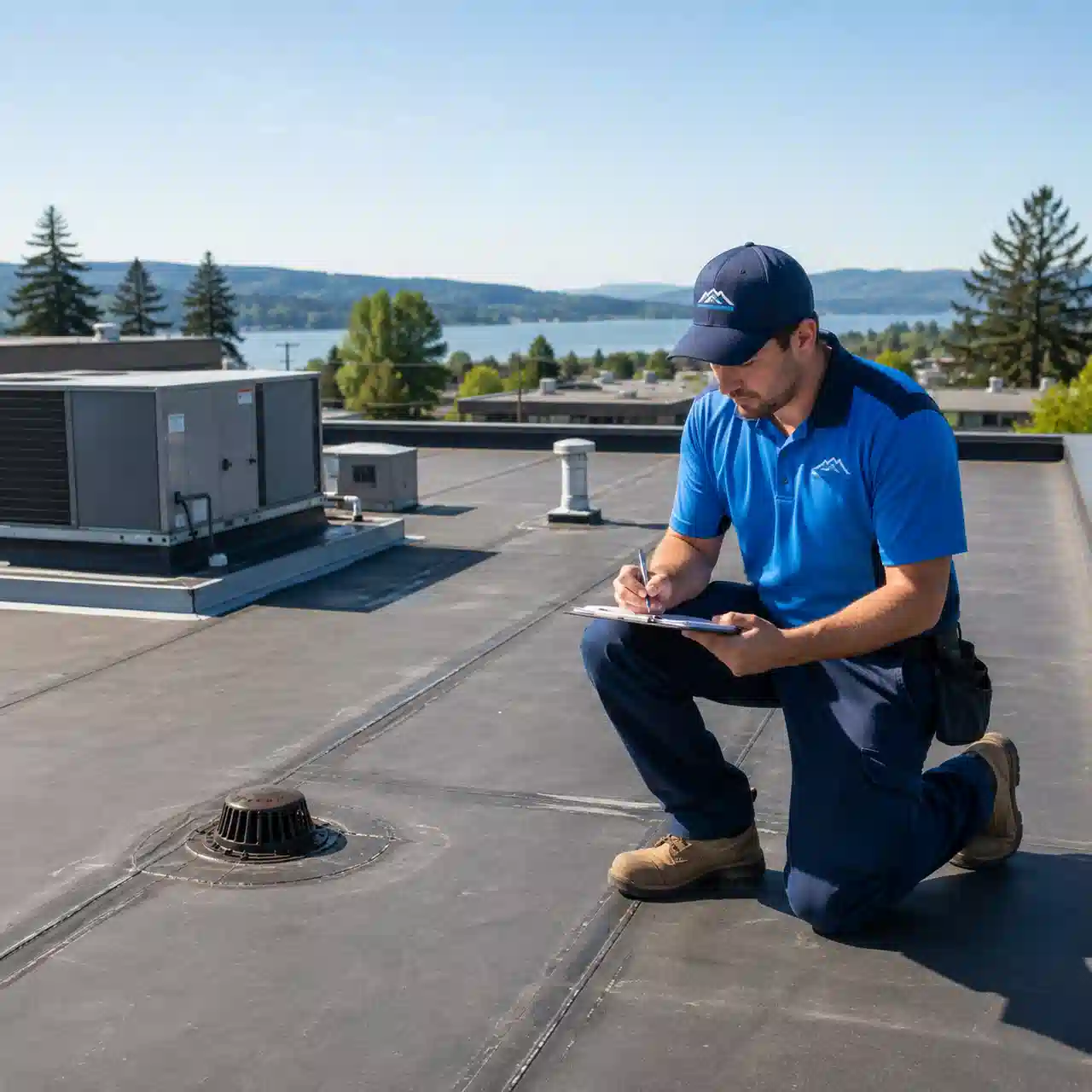 Renton Roofing technician reviewing a commercial flat roof condition