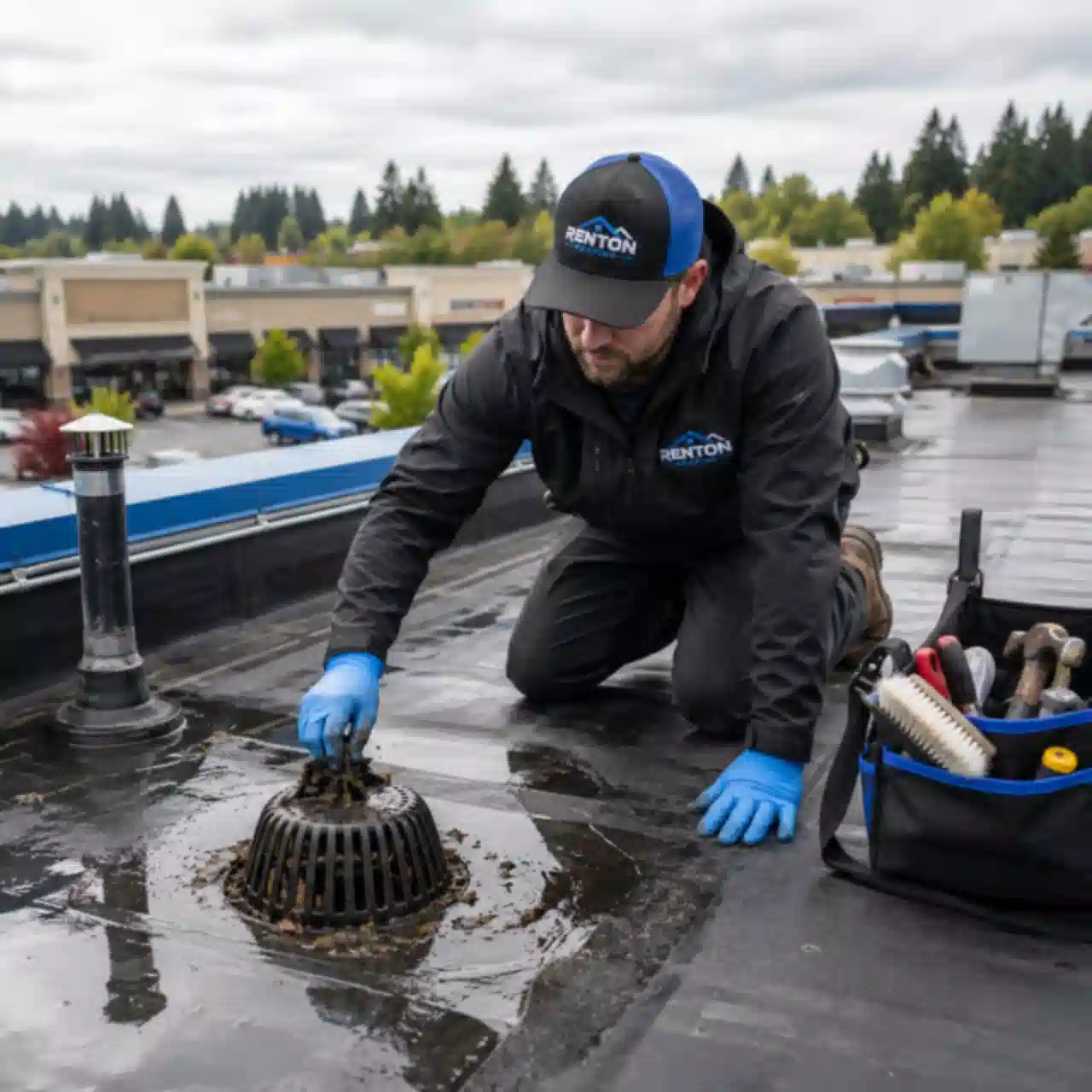 Renton Roofing technician inspecting a commercial roof with a tablet at a medical building
