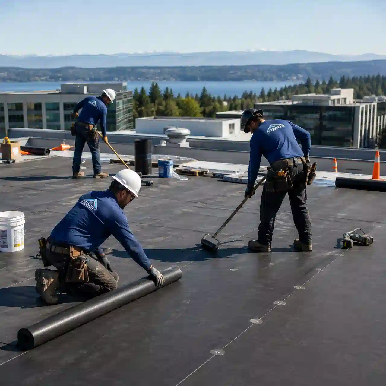 Renton Roofing crew coating a retail center roof