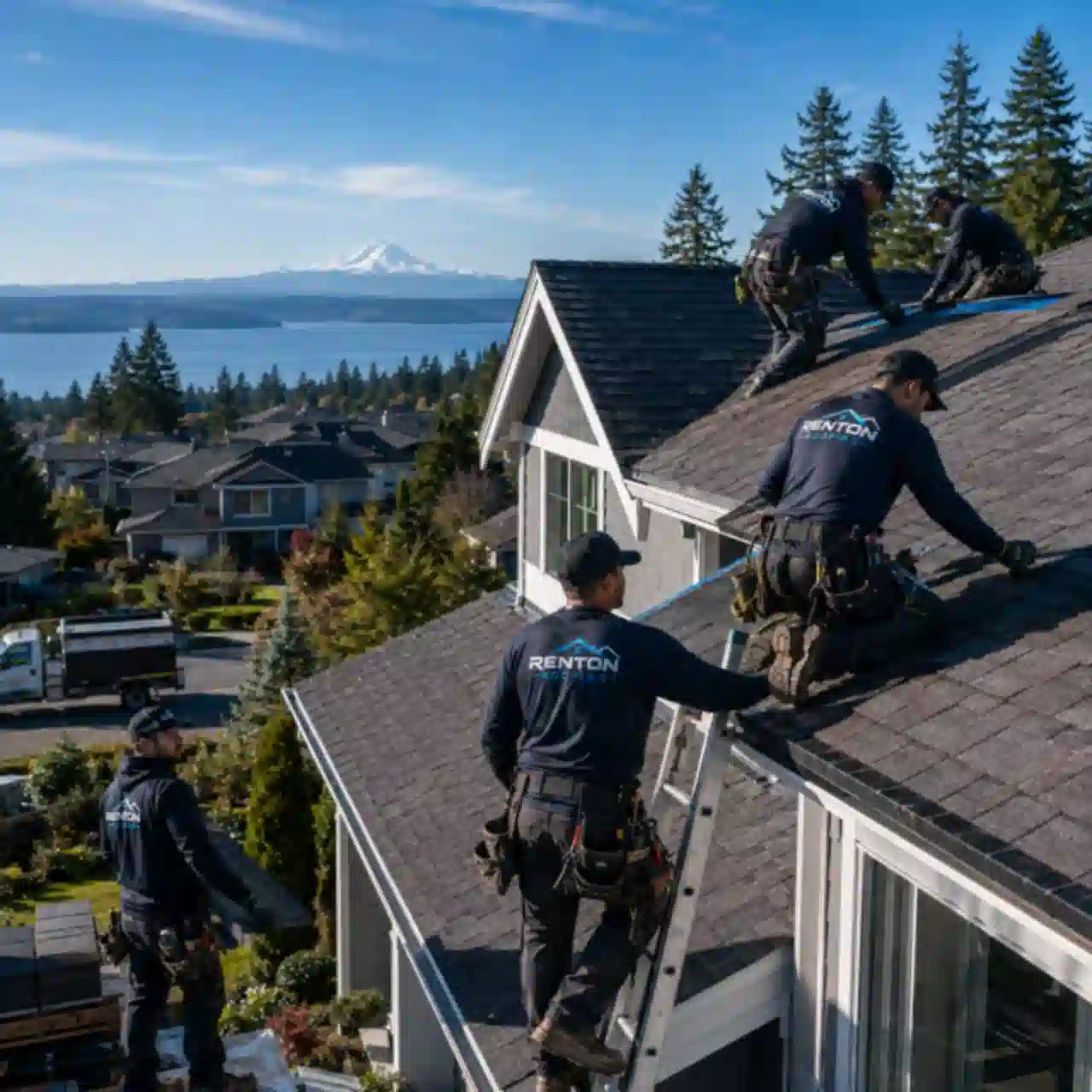 Renton Roofing crew installing a new roof with a Puget Sound view