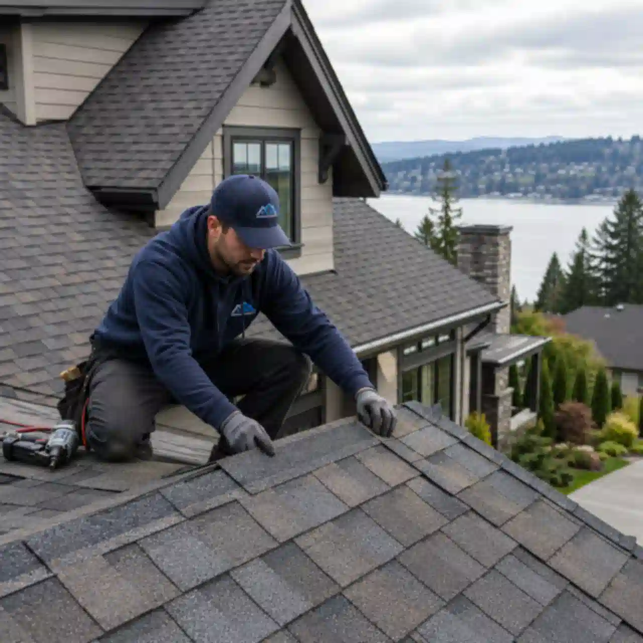 Renton Roofing technician installing designer asphalt shingles overlooking the lake