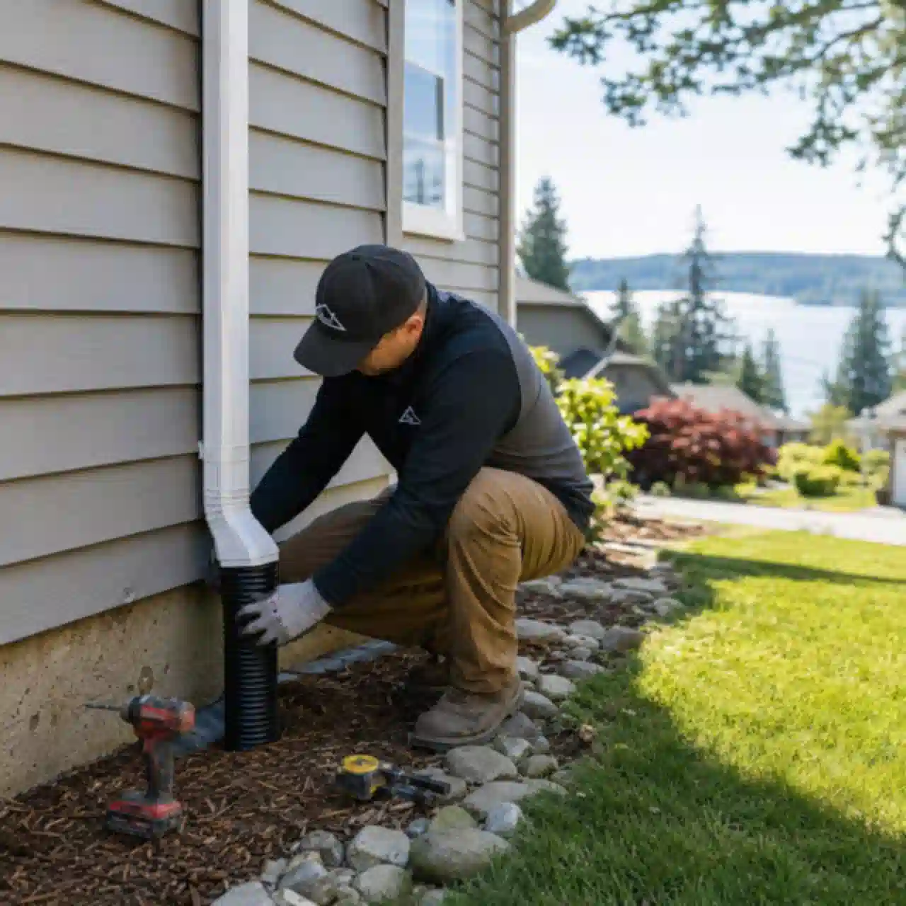 Renton Roofing technician installing a downspout extension overlooking the lake