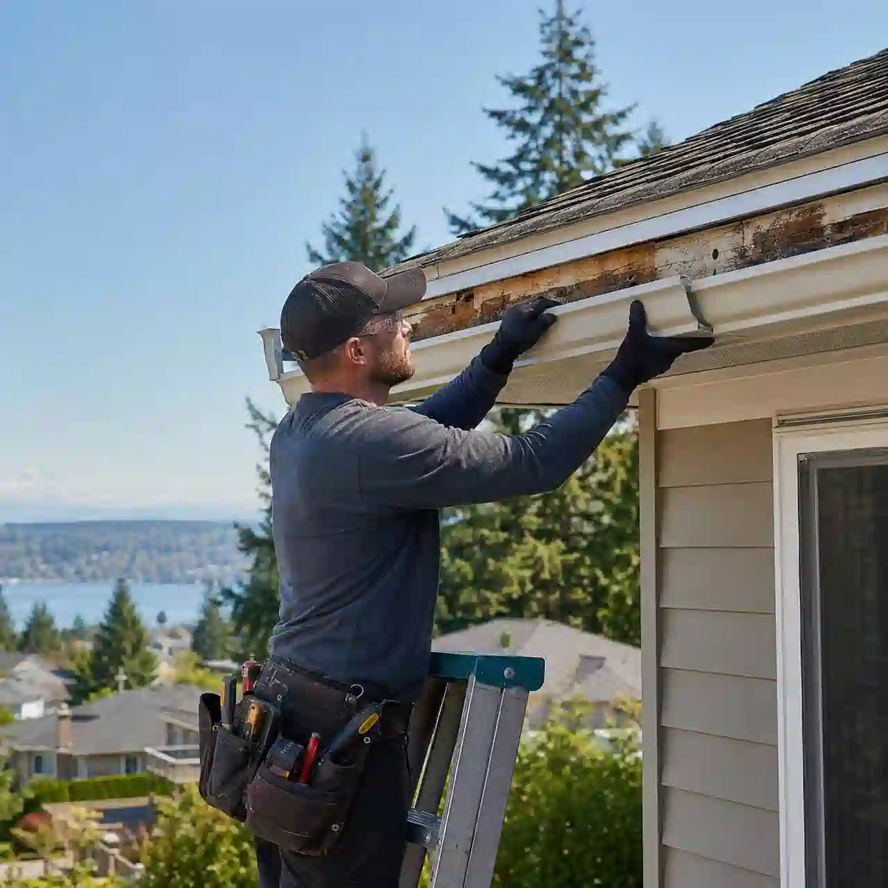 Renton Roofing technician repairing rotted fascia board