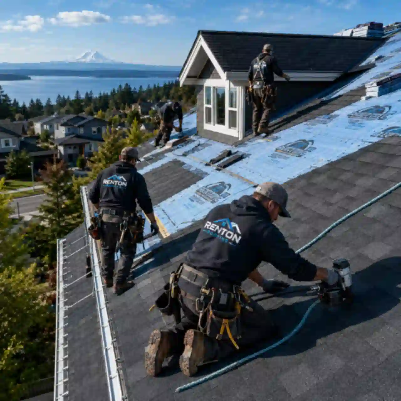 Renton Roofing crew installing a full roof replacement