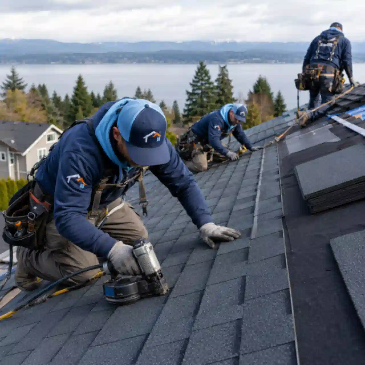 Renton Roofing crew installing shingles on a roof overlooking the lake