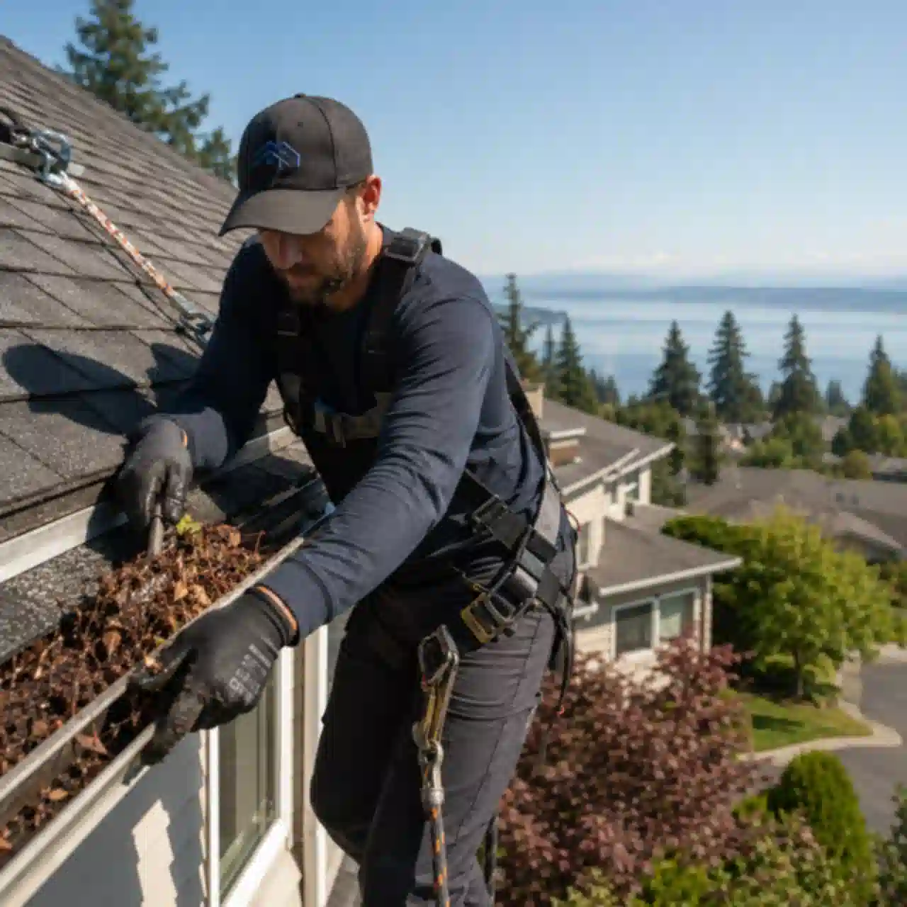 Renton Roofing technician cleaning gutters overlooking the lake