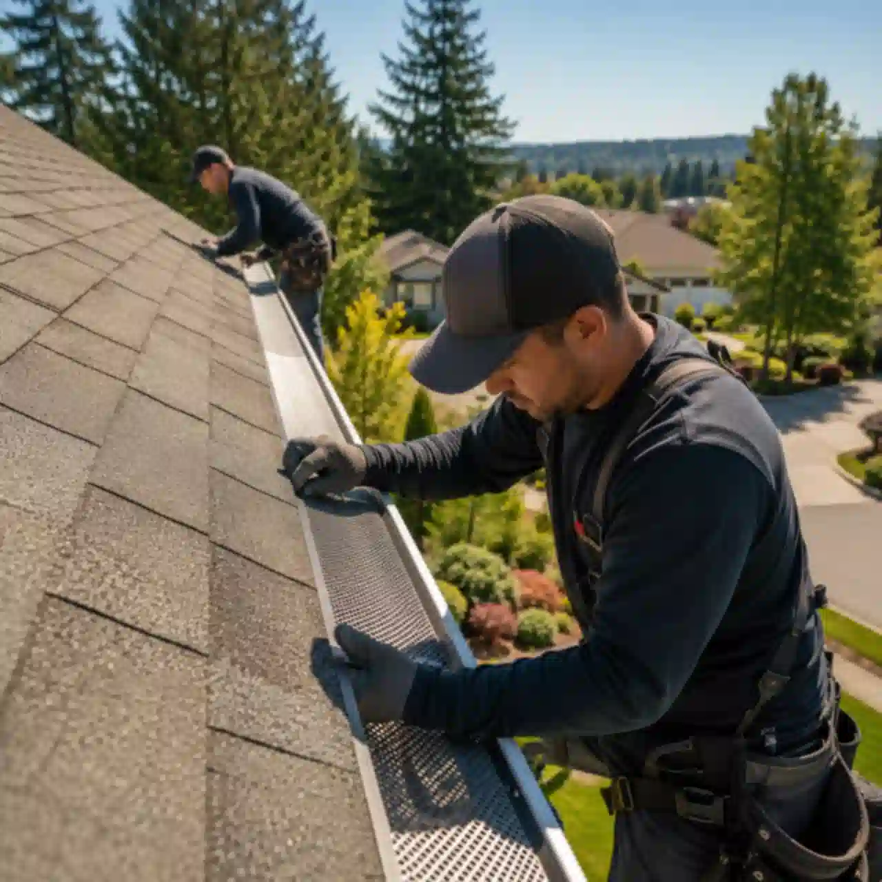 Renton Roofing crew installing gutter guards