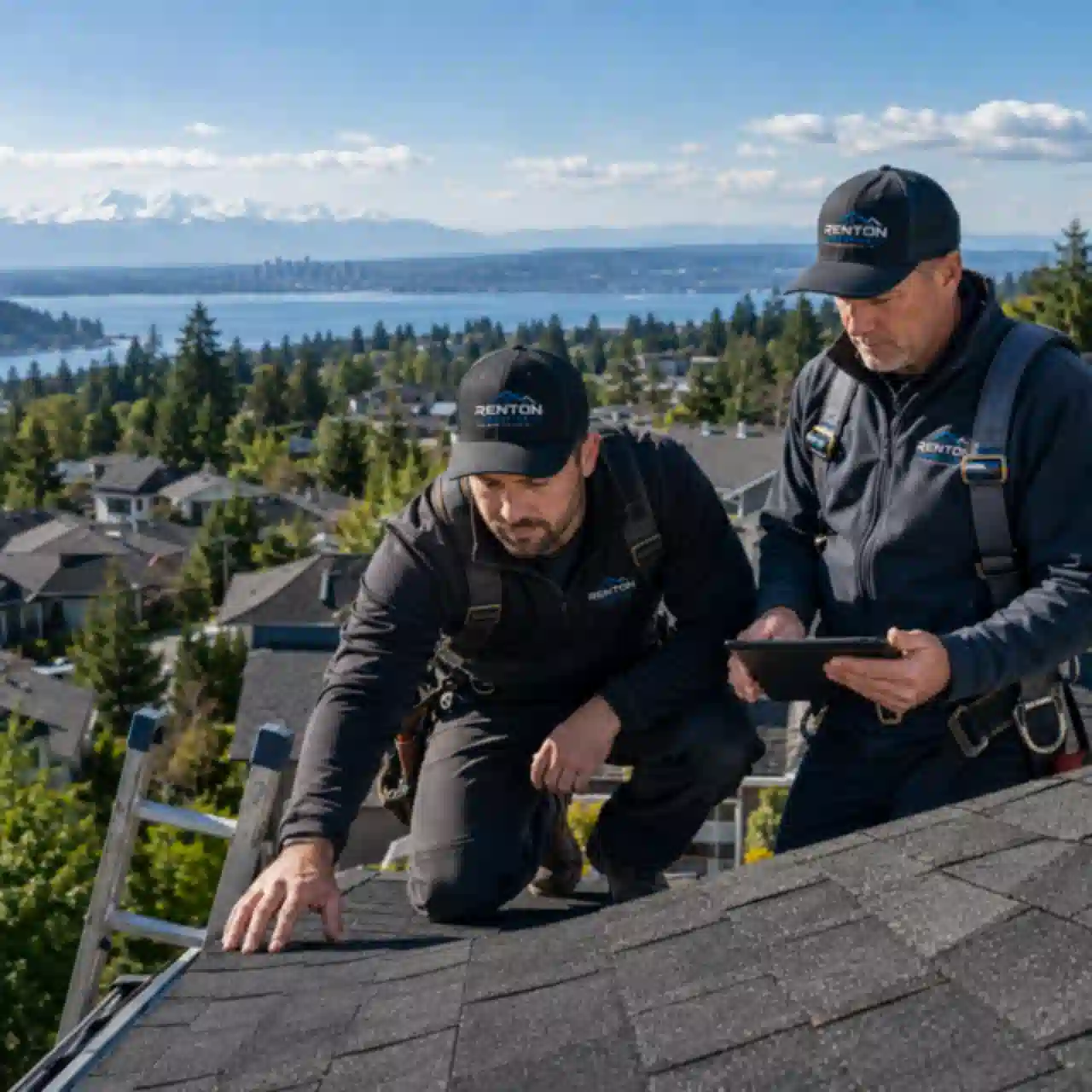 Renton Roofing crew inspecting a roof with a tablet overlooking the Puget Sound