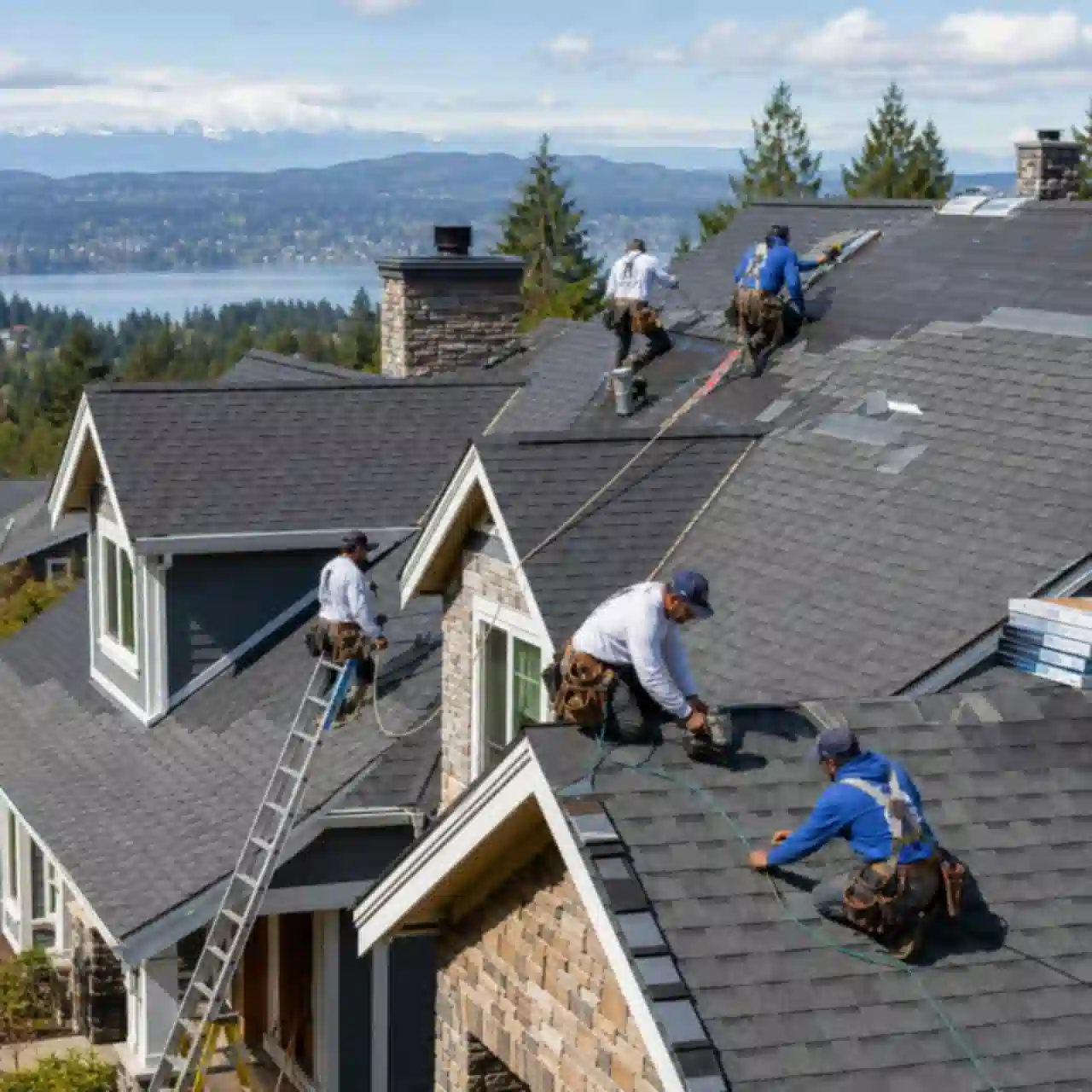Renton Roofing crew installing shingles on a large home with mountain views