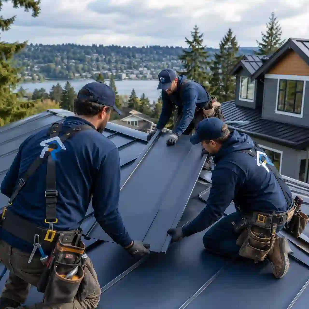 Renton Roofing crew installing a standing seam metal roof overlooking the lake