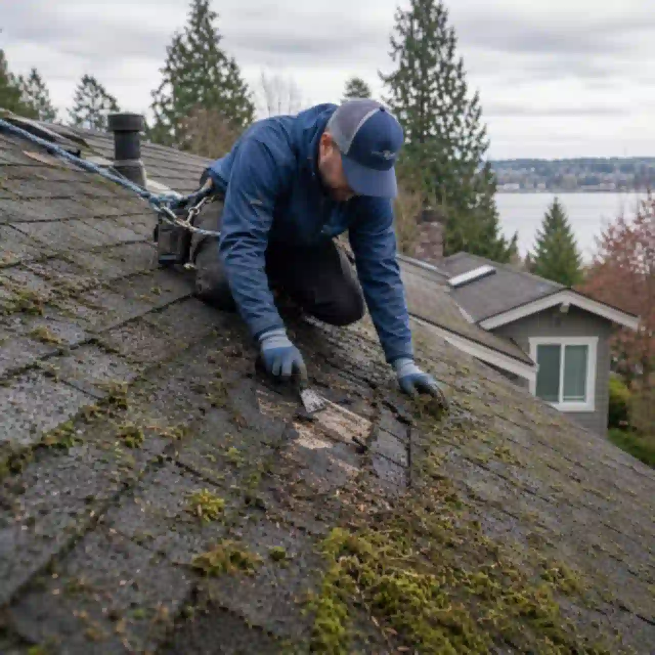 Renton Roofing technician removing moss and repairing shingle damage