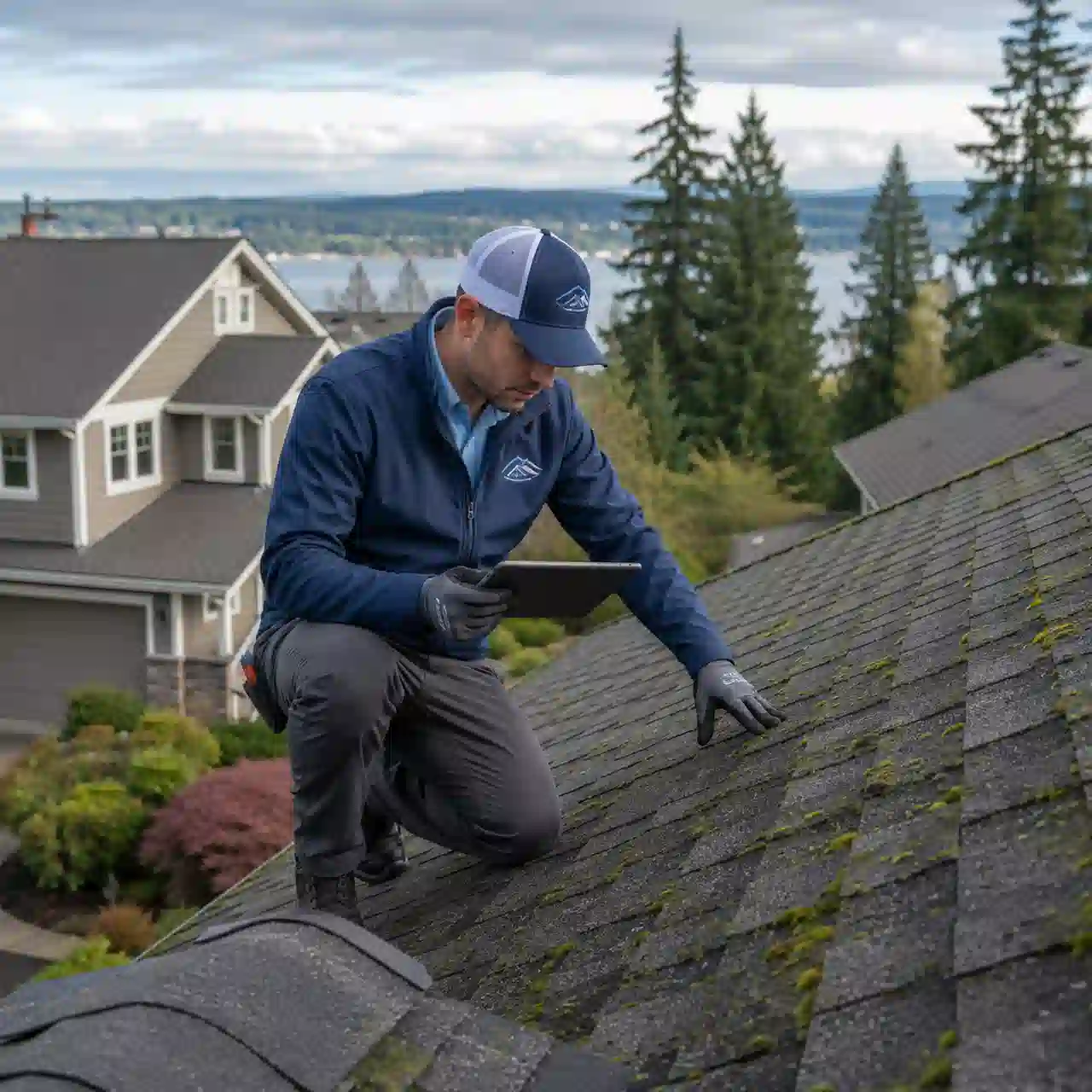 Renton Roofing technician assessing moss damage on a shingle roof