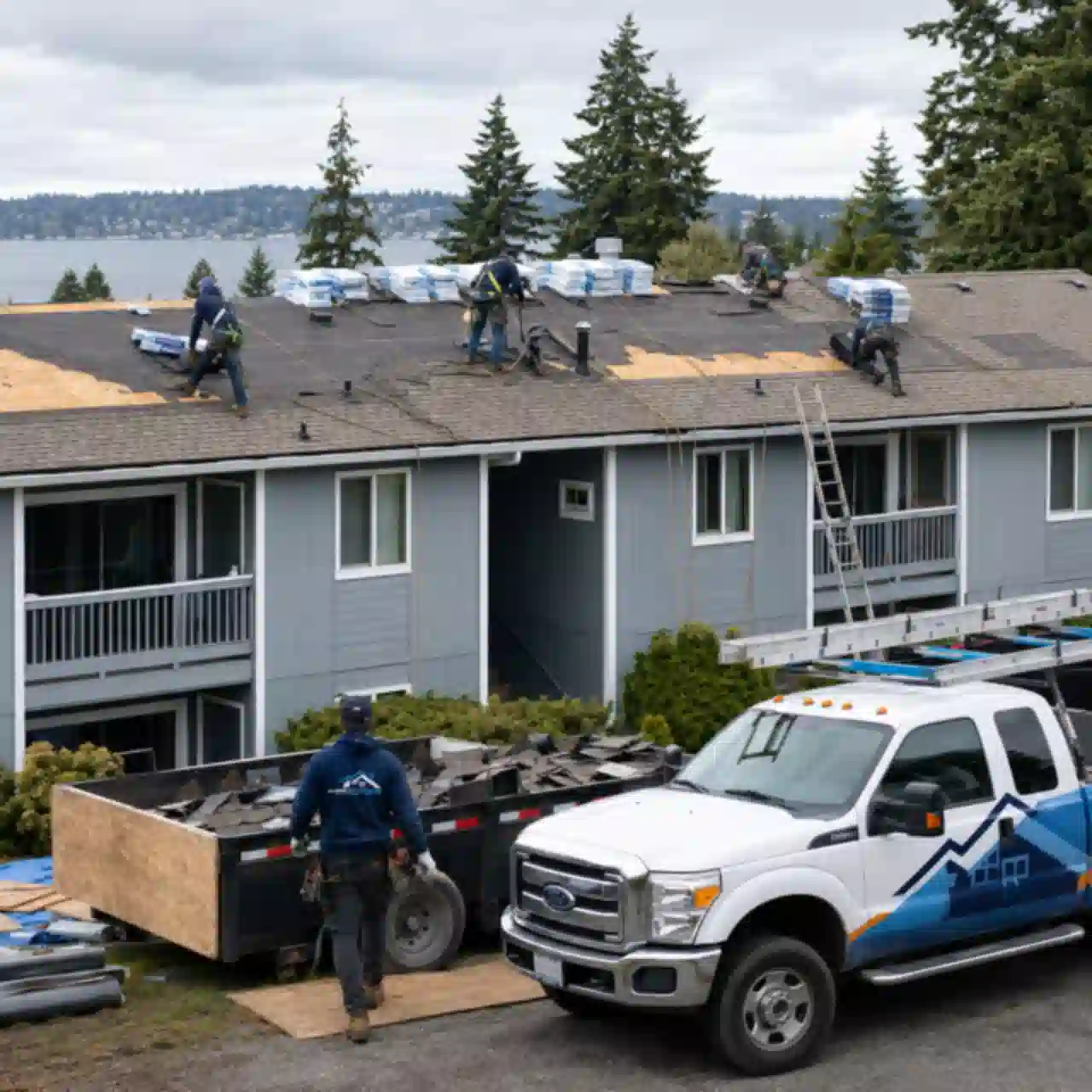 Renton Roofing crew and truck at a multi-unit building roof replacement
