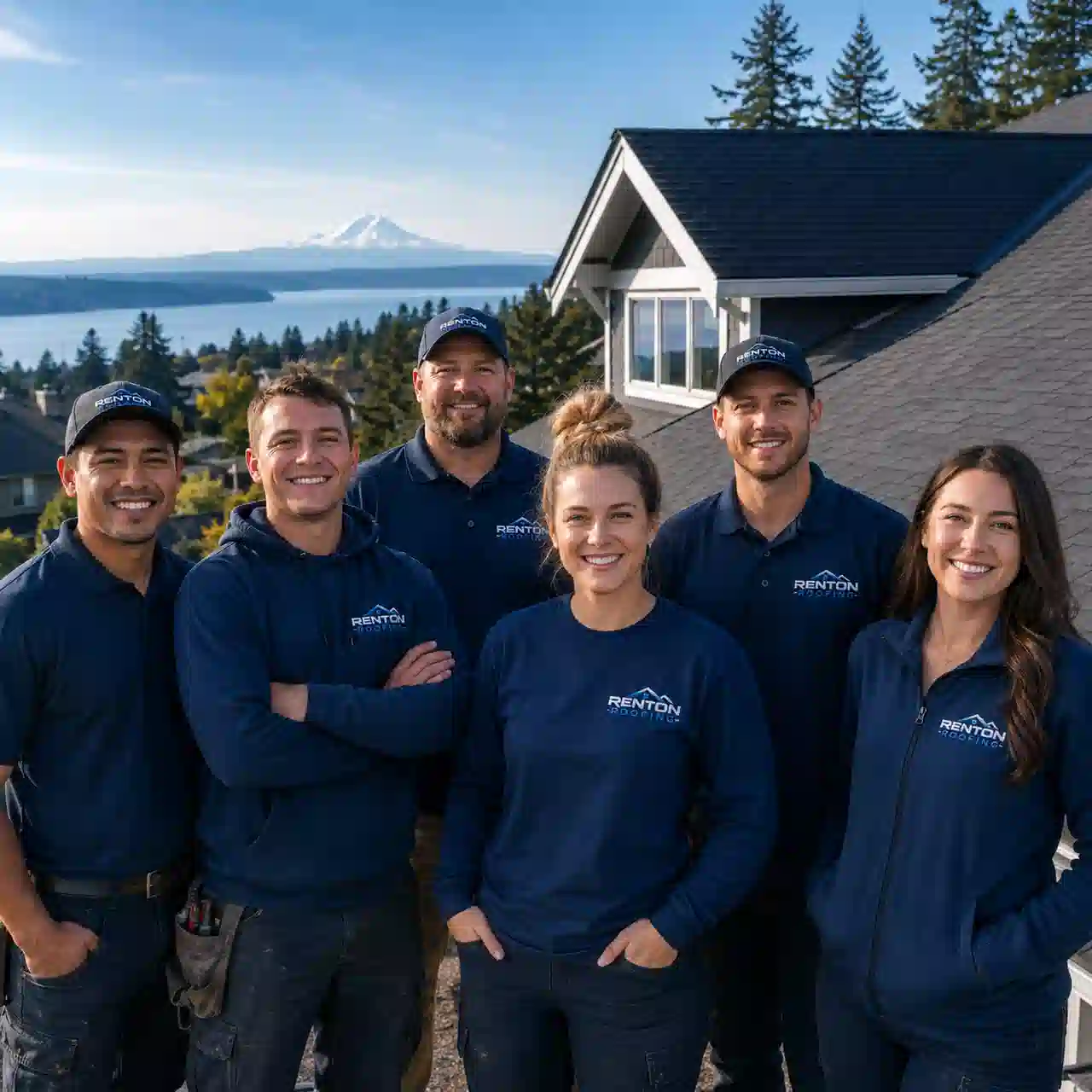 Renton Roofing crew on a roof overlooking the Puget Sound