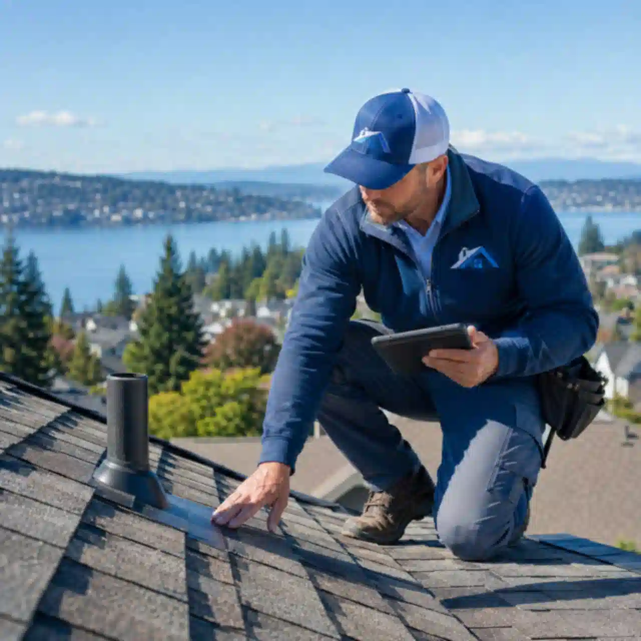 Renton Roofing technician inspecting roof flashing with a tablet