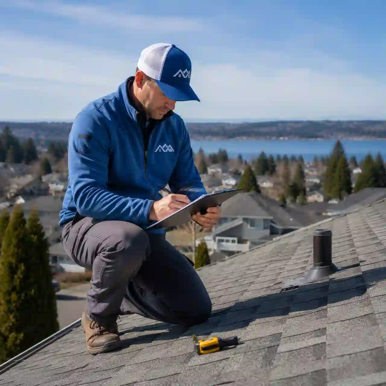 Renton Roofing technician documenting a roof inspection with a clipboard