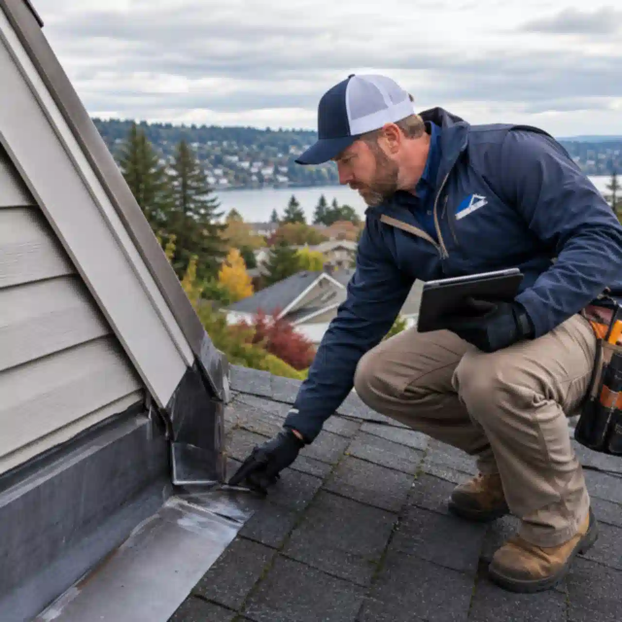 Renton Roofing technician repairing flashing overlooking the lake