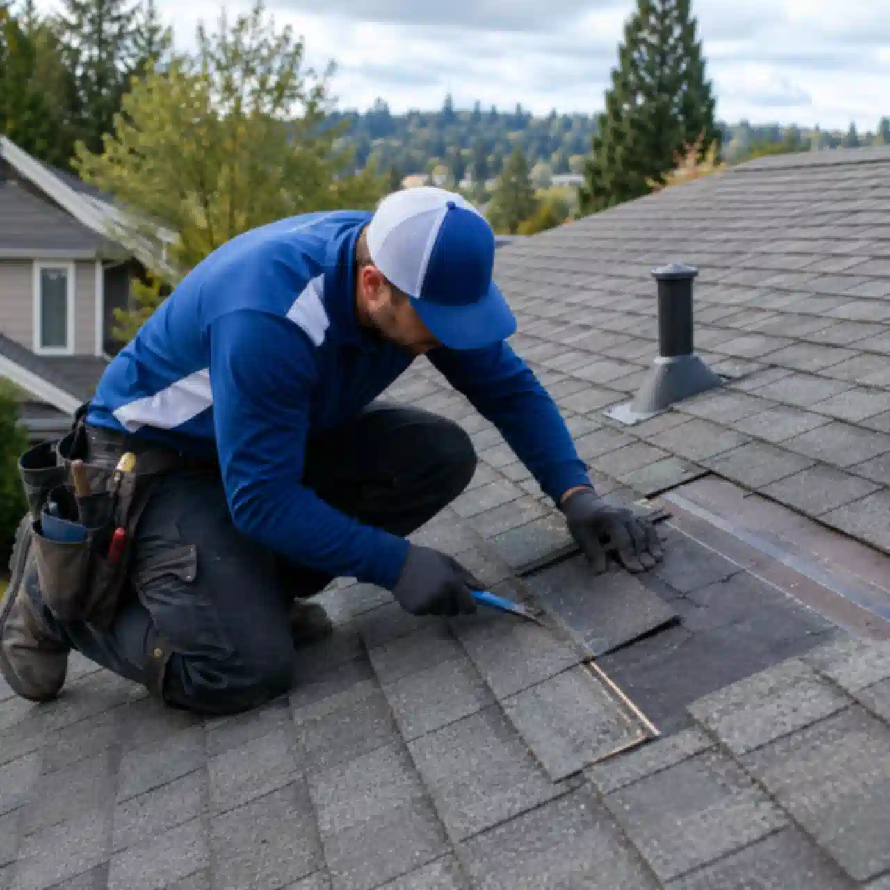Renton Roofing technician inspecting flashing with a tablet overlooking the lake