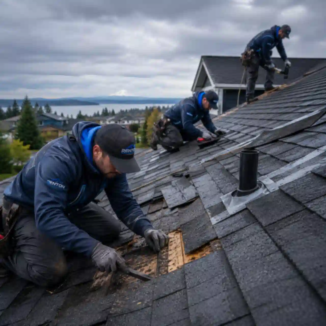 Renton Roofing crew repairing damaged shingles