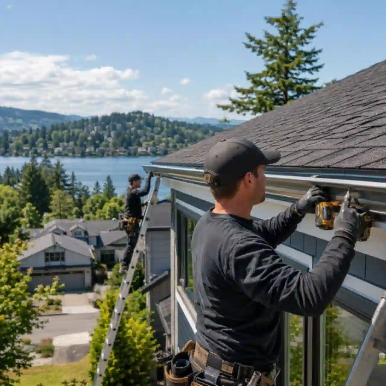 Renton Roofing crew installing seamless gutters overlooking the lake