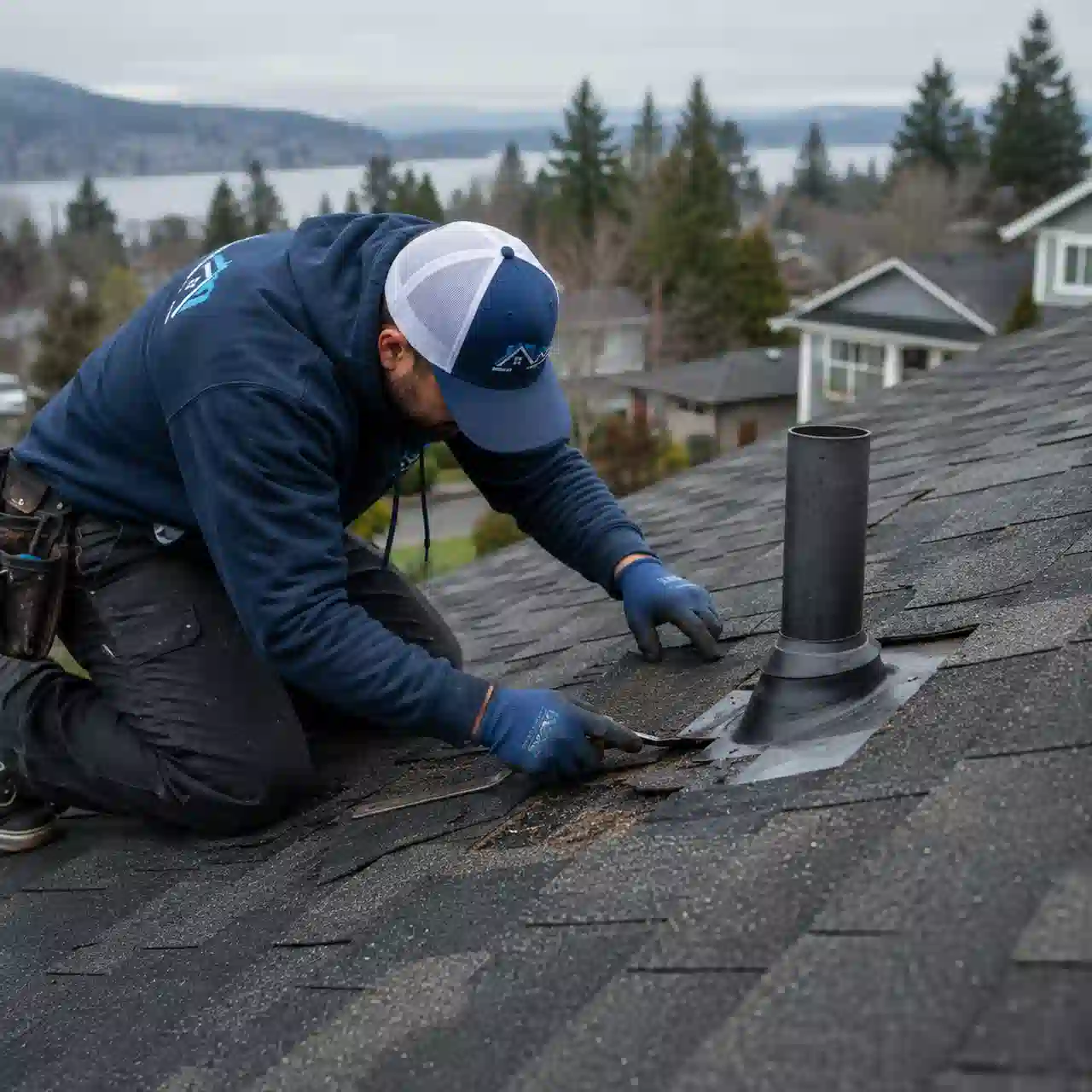 Renton Roofing technician replacing damaged shingles