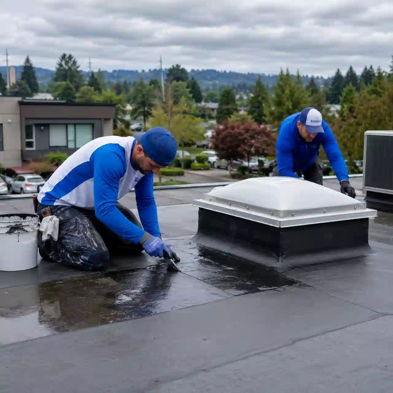 Renton Roofing crew sealing a skylight on a commercial flat roof