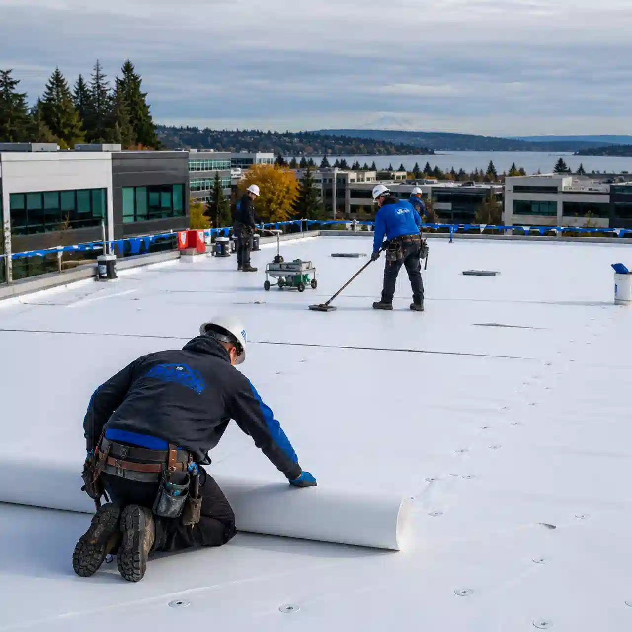 Renton Roofing crew installing TPO membrane at an office building