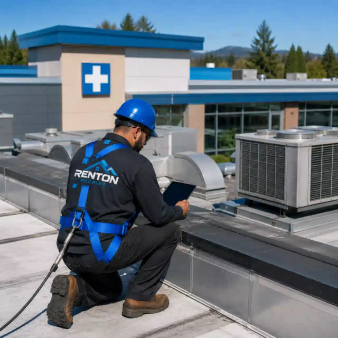 Renton Roofing crew installing white TPO membrane at an office park